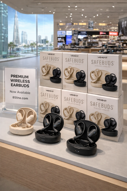 SafeBuds™ Wireless Earbuds – Premium Sound & Comfort (Beige & Black)